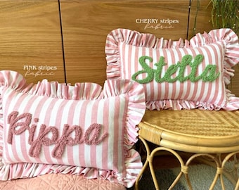 CHERRY STRIPES Personalised Ruffled Cushion Handmade Punch Needle Decor | Nursery Kids  Room Styling | Custom Gift Baby Shower