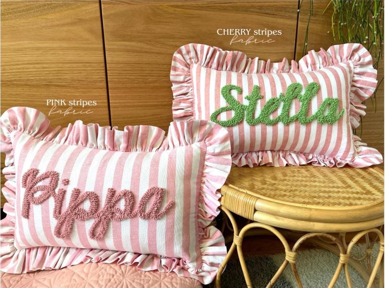 CHERRY STRIPES Personalised Ruffled Cushion Handmade Punch Needle Decor