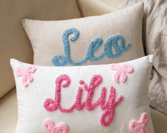 Dainty Bows Personalised Punch Needle Decorative Cushion | Kids Coquette Room Decor| Girls Baby Room Nursery Initial Decoration Gift