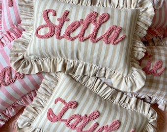 Personalized Punch Needle Cushion: Ruffled Gingham Nursery Decor