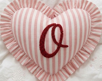 Heart-shaped Initial Cushion | Personalised Ruffled Pillow | Custom Kids Nursery Cottagecore Decor | Punch Needle Embroidery