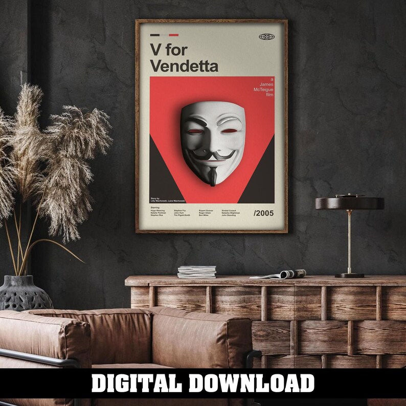 Mid Century Modern V for Vendetta Poster Digital Print, Custom Movie ...