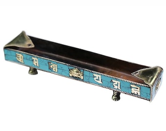 Tibetan Incense Burner, Precious Brass Turquoise Incense Stick Holder With Storage Compartment, Incense Ash Catcher, Handcrafted in Nepal