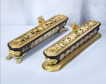 Tibetan Incense Burner, Brass and Copper Tibetan incense holder with the Eight Auspicious Symbols and mantra~ Exquisite Gift~