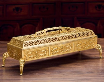 Double Dragon Play Pearl Incense Burner, Chinese Ancient Design Precious Brass Incense Stick Holder, Incense Ash Catcher~ Exquisite Gift