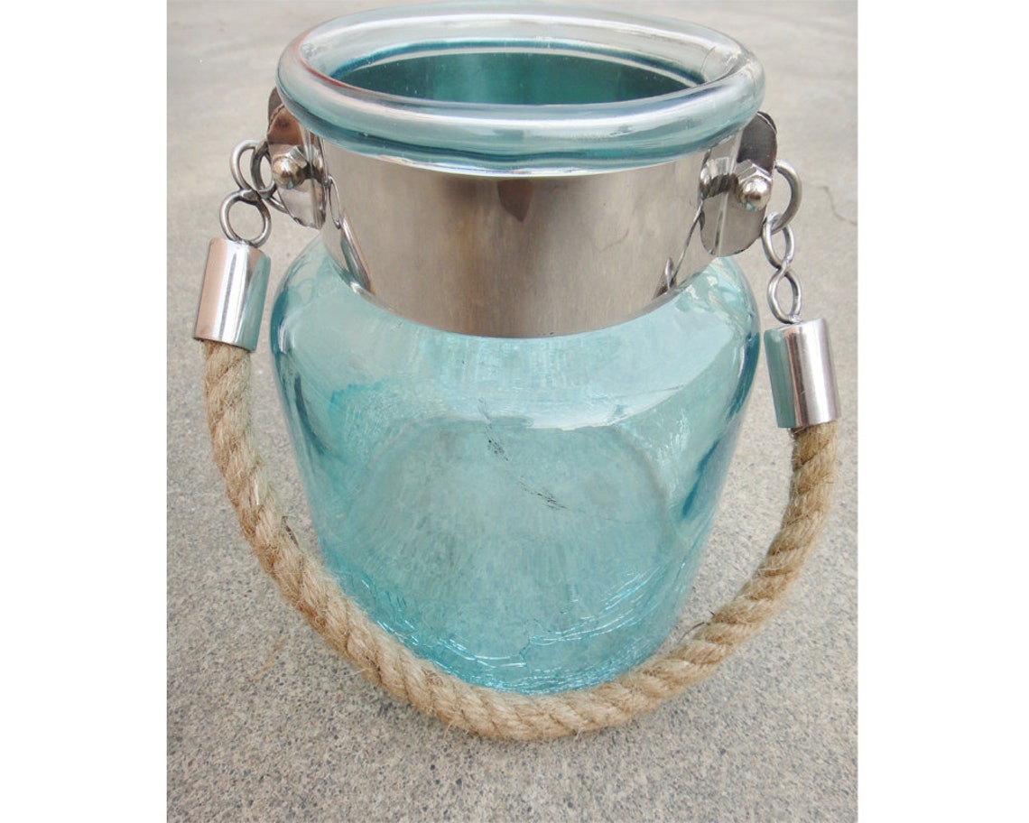 Blue Glass Jar Half Crackled With Hanging Jute Rope in Etsy UK