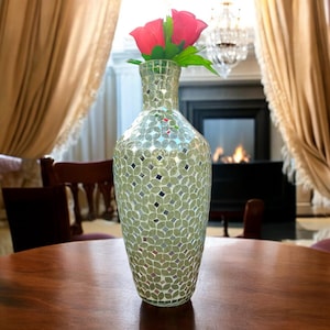 16&quot; Vase Mirror Grey Mosaic In Flower Design, Handmade Vase for Living Room, Home Decoration, Vase for Christmas Gifting