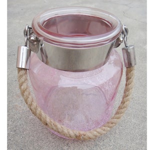Rosa Glas Glas halb geknackt mit hängenden Jute Seil in Edelstahl, handgemachte Jar für Home-Dekoration, Wohnzimmer Dekor, Home Utility