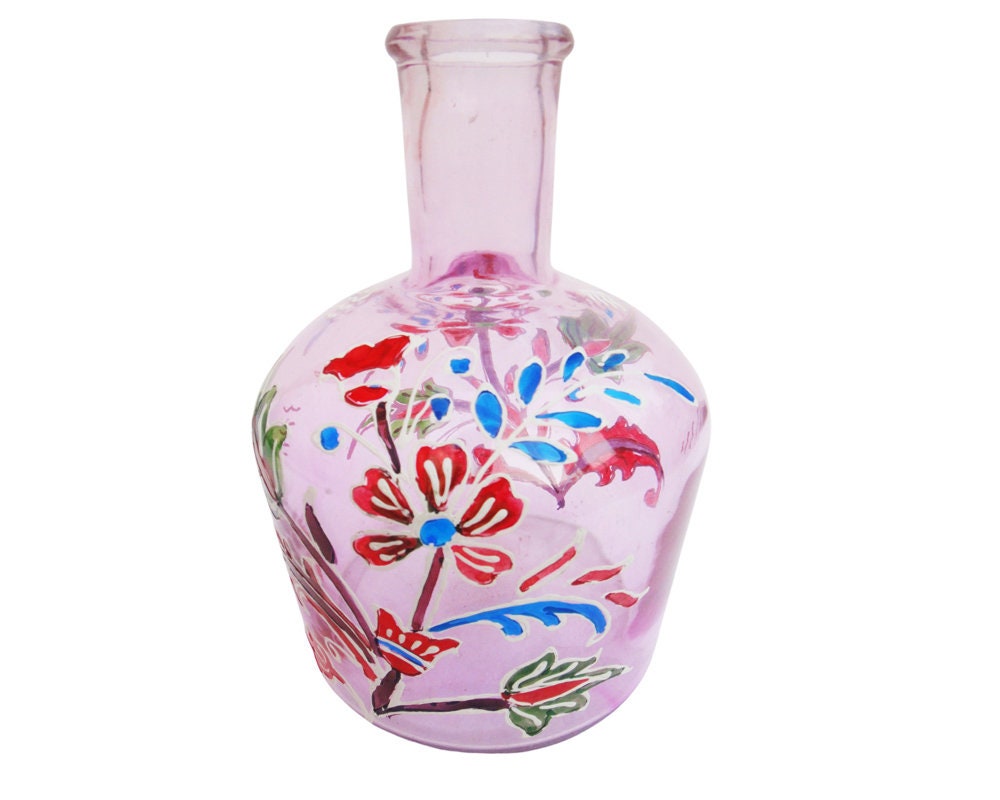 Pink Glass Bottle / Vase In Leaf Flower Design Handmade for Etsy
