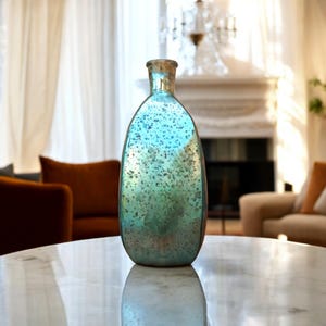 Botella/jarrón de vidrio azul en mercurio antiguo, botella/jarrón hecho a mano para decoración del hogar, decoración de la sala de estar, decoración de la mesa