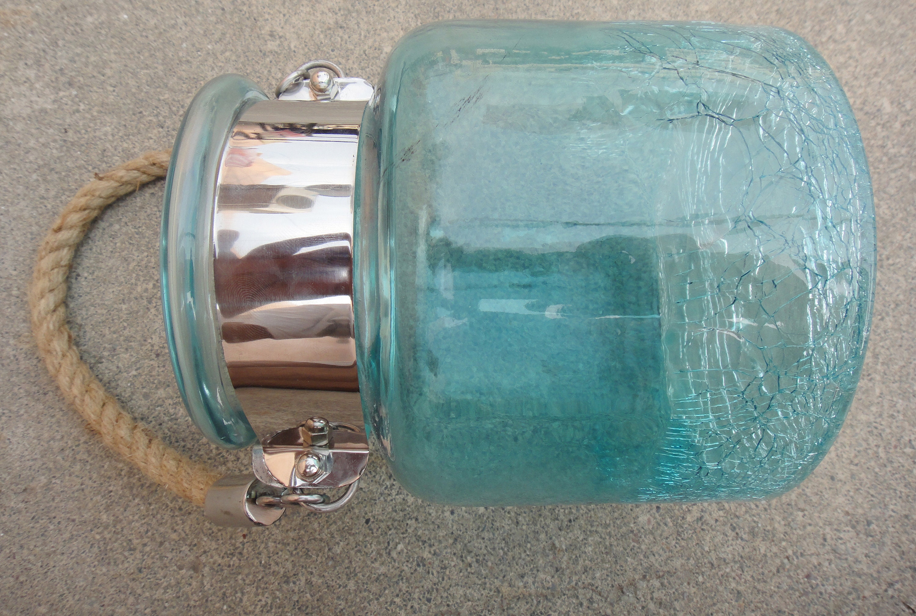 Blue Glass Jar Half Crackled With Hanging Jute Rope in Etsy UK