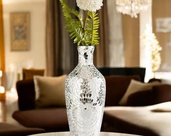 Jarrón de 16" con diseño de flores, hecho a mano, con diseño de mosaico de espejo, para sala de estar, decoración del hogar, jarrón para regalar en Navidad