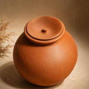 Pode incluir: Um pote de cerâmica redondo, cor de terracota, com uma tampa a condizer. A tampa assenta sobre o pote, com um pequeno botão central. O pote tem um acabamento liso e sem vidrado, e o fundo é bege neutro.