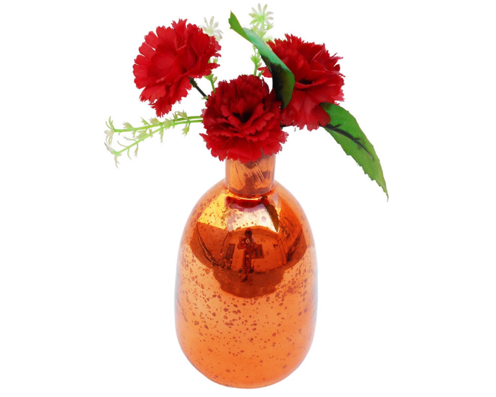 Orange Glass Bottle / Vase in Antique Mercury, Handmade Bottle / Vase for Home Decoration