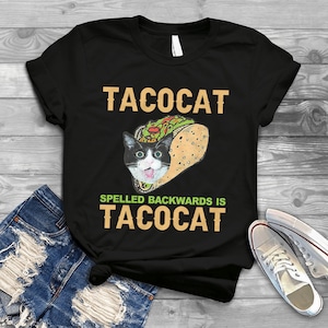 Camiseta divertida para amantes de los gatos con la frase Tacocat escrita al revés, regalo retro para ti y tus amigos