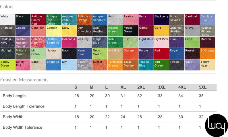 May include: A chart showing different colors of t-shirts with their corresponding names. The chart also includes a table with finished measurements for the t-shirts in inches, including body length, body length tolerance, body width, and body width tolerance.