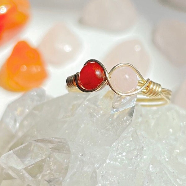 Dainty Rose Quartz & Carnelian Wire Wrapped Infinity Ring |Sizes 4US - 15US| Sterling Silver| 14k Gold Filled | Power Duo handmade rings