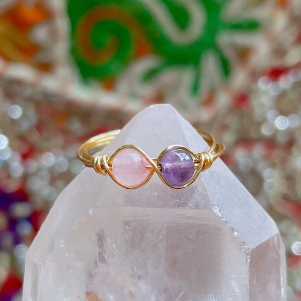 Dainty Rose Quartz & Amethyst Wire Wrapped Ring | Choose Your Wire: Plated Wire | Sterling Silver| 14k Gold Filled | Genuine Crystal