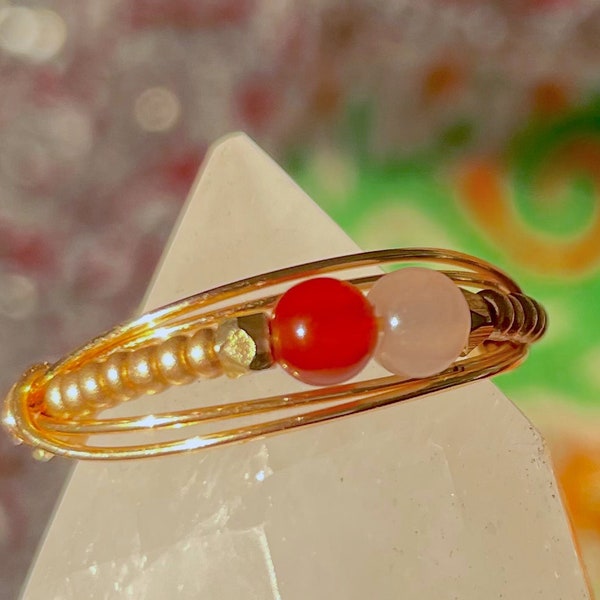 Love Power Duo Carnelian and Rose Quartz Ring | Love Attraction| Gold Wire Ring | 14k Gold Filled | Confidence | Self Love