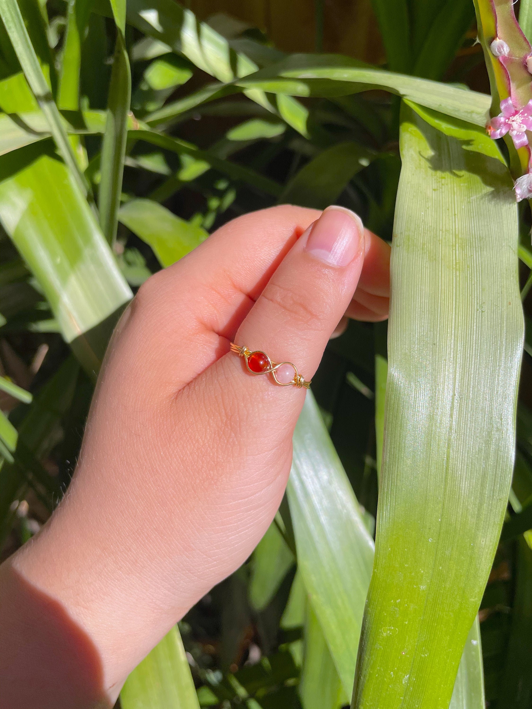 Dainty Rose Quartz & Carnelian Wire Wrapped Infinity Ring Etsy