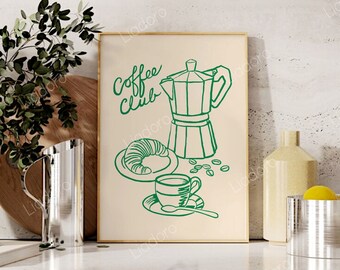 Coffee Club Print, Retro Coffee Croissant Printable Wall Art, DIGITAL DOWNLOAD, Trendy Kitchen Decor, Hand Drawn Breakfast Wall Art