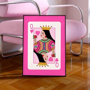 Vibrant Pink Queen of Hearts Card Print, Retro Preppy Printable Wall Art, DIGITAL DOWNLOAD, Trendy Colourful Wall Decor, Maximalist Decor