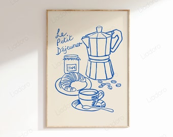 Impression petit-déjeuner dessiné à la main, art mural imprimable croissant café français, téléchargement numérique, affiche de cuisine rétro beige bleu, impression de nourriture