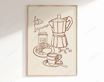 Le Petit Dejeuner koffiecroissant print, handgetekende ontbijtschets afdrukbare muurkunst, digitale DOWNLOAD, retro keukenposter, voedselprint