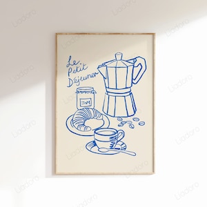 May include: A blue line drawing of a French breakfast scene with a coffee pot, a croissant, a jar of jam, a cup of coffee, and the text "Le Petit D&eacute;jeuner".
