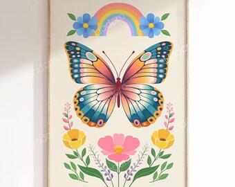 Impresión de mariposas florales, arte de pared imprimible de mariposas coloridas con flores, póster de mariposa vintage con DESCARGA DIGITAL, lindo arte de pared de guardería boho