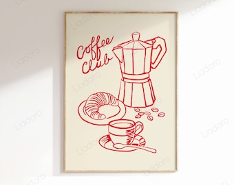Coffee Club Print, Croissant Espresso Breakfast Printable Wall Art, DIGITAL DOWNLOAD, Retro Kitchen Poster, Trendy Coffee Print, Hand Drawn