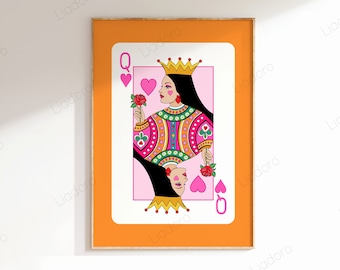 Pink Orange Queen of Hearts Card Print, Retro Preppy Printable Wall Art, DIGITAL DOWNLOAD, Trendy Lucky You Wall Decor, Maximalist Decor
