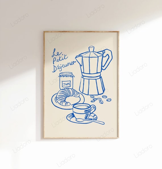 Hand Drawn Breakfast Print, French Coffee Croissant Printable Wall Art, DIGITAL DOWNLOAD, Blue Beige Retro Kitchen Poster, Food Print