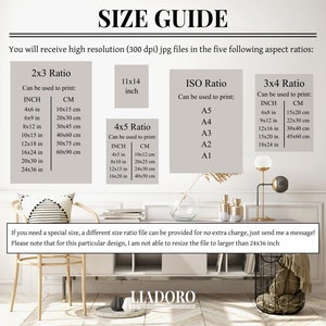 May include: A size guide for digital prints, showing different aspect ratios and corresponding inch and centimetre measurements. The guide includes 2x3, 4x5, ISO, and 3x4 ratios. The text states that high-resolution (300 dpi) JPG files are available in these ratios. The text also states that special sizes can be provided for no extra charge.