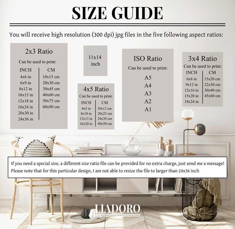 May include: A size guide for digital prints, showing different aspect ratios and corresponding inch and centimetre measurements. The guide includes 2x3, 4x5, ISO, and 3x4 ratios. The text states that high-resolution (300 dpi) JPG files are available in these ratios. The text also states that special sizes can be provided for no extra charge.