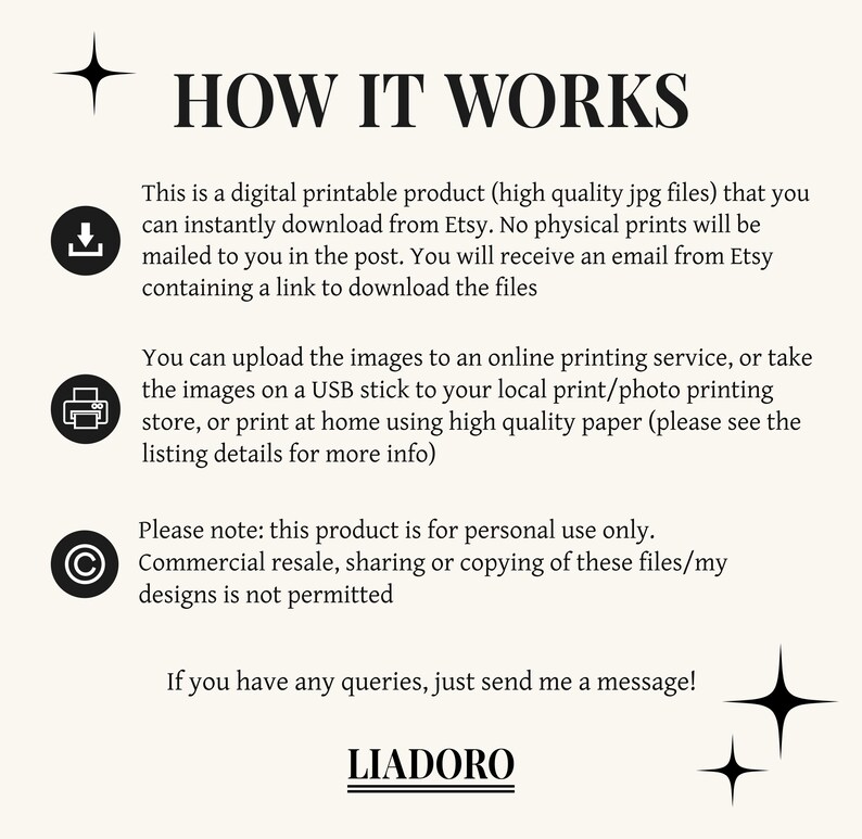May include: A digital printable product information graphic with a download icon, a printer icon, and a copyright symbol. The text reads "How It Works", "This is a digital printable product (high quality jpg files) that you can instantly download from Etsy. No physical prints will be mailed to you in the post. You will receive an email from Etsy containing a link to download the files", "You can upload the images to an online printing service, or take the images on a USB stick to your local print/photo printing store, or print at home using high quality paper (please see the listing details for more info)", "Please note: this product is for personal use only. Commercial resale, sharing or copying of these files/my designs is not permitted", "If you have any queries, just send me a message!" and "LIADORO".