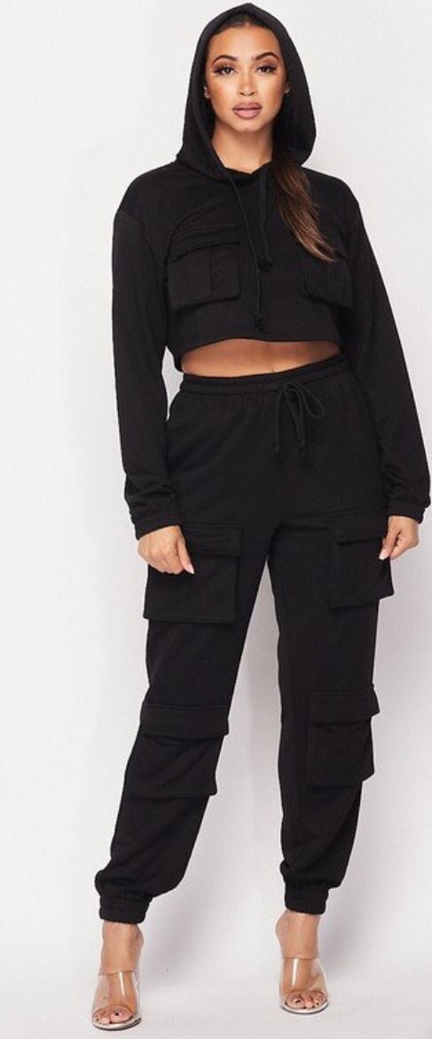 black hoodie and joggers