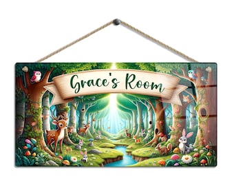 Personalised Children's Room Sign with Name. Fairytale Woodland Animals (1) Gloss Metal Wall Art. Baby, Toddler, Infant or Childs Bedroom.