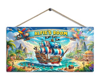 May include: A rectangular wooden sign with a pirate ship illustration. The sign features a pirate ship sailing on blue water, with the text "ALFIE'S ROOM" at the top. Two colorful parrots are on either side of the text. The sign is suspended by a rope.