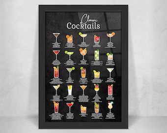 Classic Cocktail Metal Home Bar Sign Print on Black Chalkboard. 25 Popular Cocktails on Gloss Metal Wall Art.  Framed and Floating Mounts