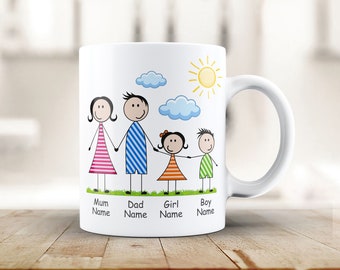 May include: White ceramic mug with a colorful illustration of a family of four, including a mom, dad, girl, and boy. The mug has the words "Mum Name", "Dad Name", "Girl Name", and "Boy Name" printed below the illustration.
