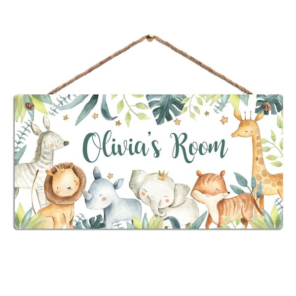 Personalised Room Sign with Childs Name - Safari Animal Theme. Gloss Metal Wall Art. Baby, Toddler, Infant Bedroom.