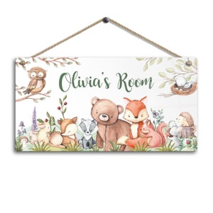 Cartello personalizzato per la stanza con il nome del bambino - Tema animali del bosco. Decorazione murale in metallo lucido. Camera da letto per neonati, bambini piccoli e neonati.