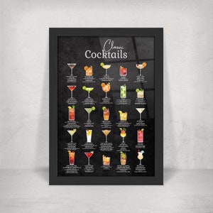 Classic Cocktail Metal Home Bar Sign Print on Black Chalkboard. 25 Popular Cocktails on Gloss Metal Wall Art. Framed and Floating Mounts image 1