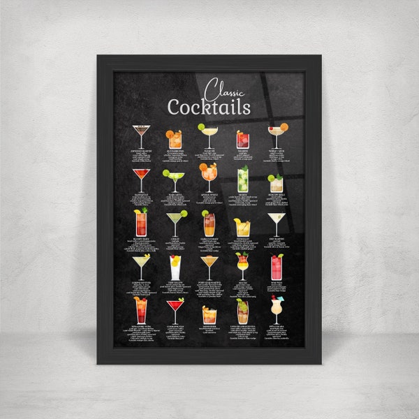 Classic Cocktail Hausbar Metallschild auf schwarzer Kreidetafel. 25 Beliebte Cocktails auf Glanzmetall Wandkunst. Gerahmte und schwebende Halterungen