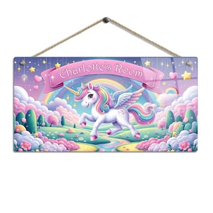 Targa personalizzata per la cameretta dei bambini con nome. Unicorno arcobaleno da favola (3) Decorazione da parete in metallo lucido. Camera da letto per neonati, bambini piccoli, neonati o bambini.