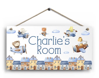 Personalised Room Sign with Childs Name - Animal Airplane Theme. Gloss Metal Wall Art. Baby, Toddler, Infant Bedroom.