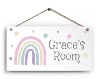 Personalised Room Sign with Childs Name - Pastel Rainbow Theme. Gloss Metal Wall Art. Baby, Toddler, Infant Bedroom.