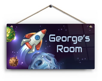 Personalised Room Sign with Childs Name - Space Rocket Theme. Gloss Metal Wall Art. Baby, Toddler, Infant Bedroom