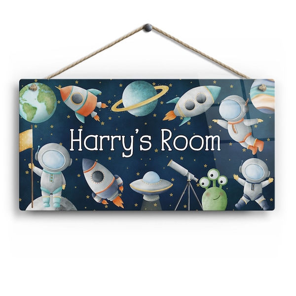 Personalised Room Sign with Childs Name - Spaceman, Alien, Rocket & Planet Theme. Gloss Metal Wall Art. Baby, Toddler, Infant Bedroom